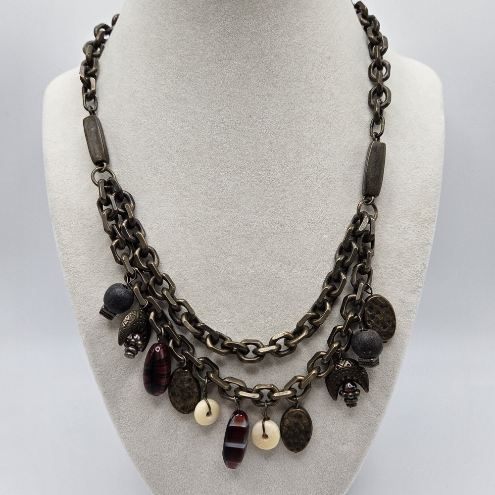 Chico's Bronzed Metal Mix Media Glass Beaded Necklace